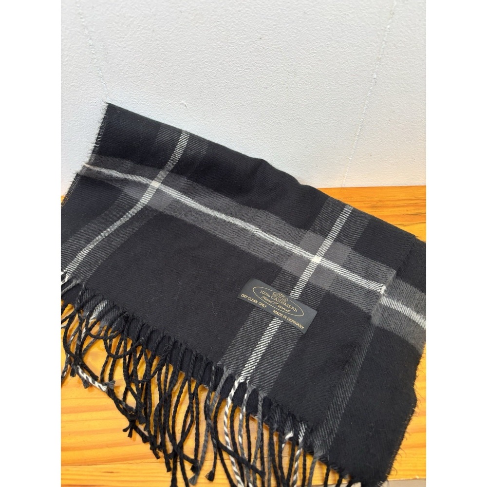 VTG 100% Cashmere Scarf Plaid Gray Black Tartan Hand‎ Tailored Made Germany 63"
